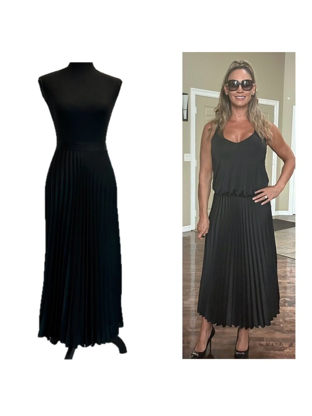 Zara black satin effect pleated A-line midi skirt classy Sz M